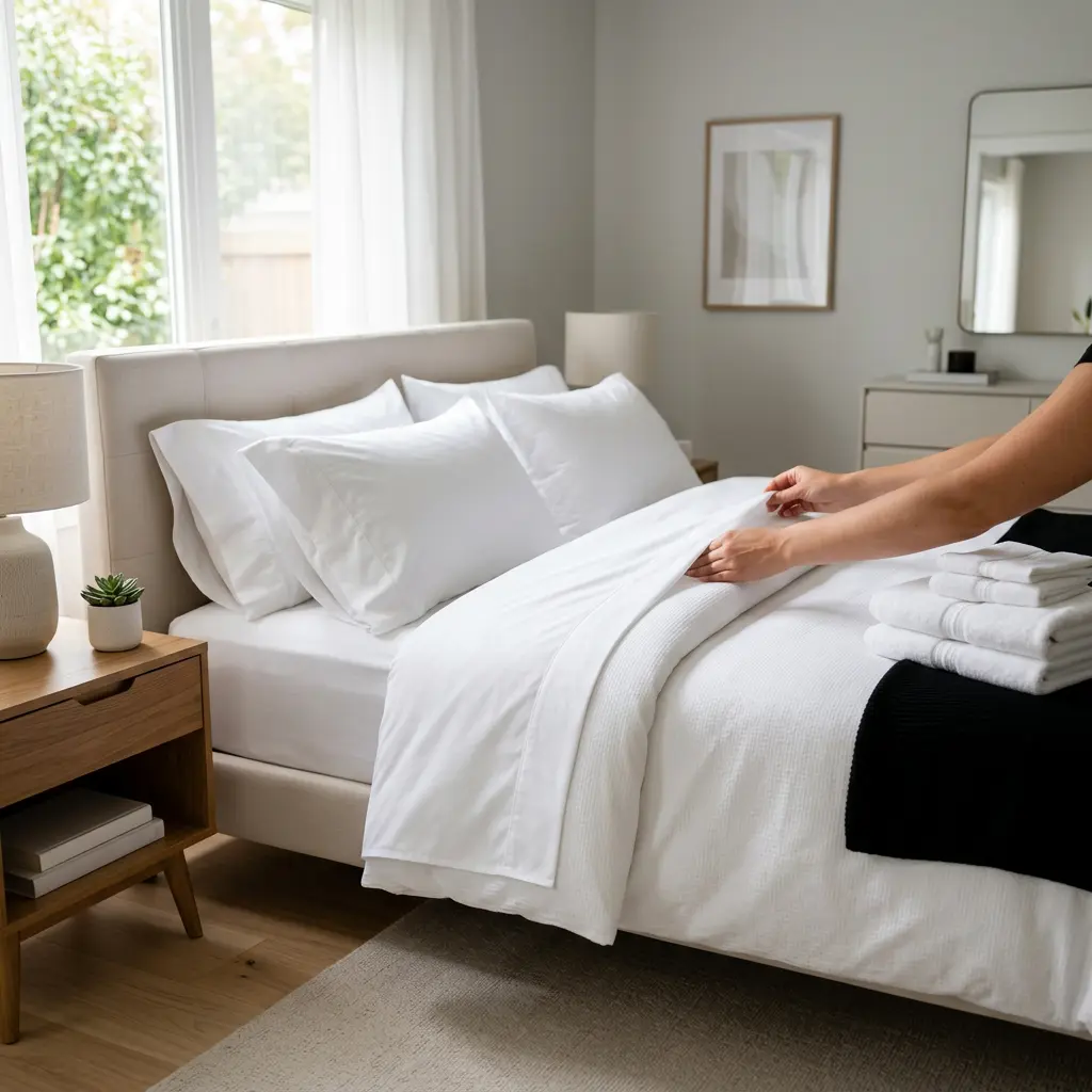Hands smooth out a white comforter on a made bed during airbnb turnover cleaning in Georgetown, TX.