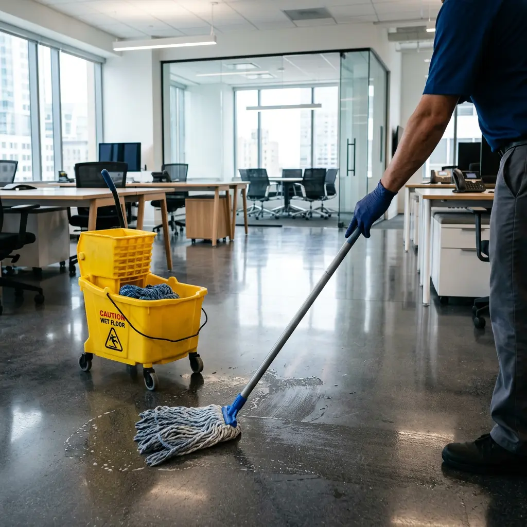 A cleaner mops dark polished concrete flooring next to a yellow bucket during building maintenance services in Round Rock, TX.
