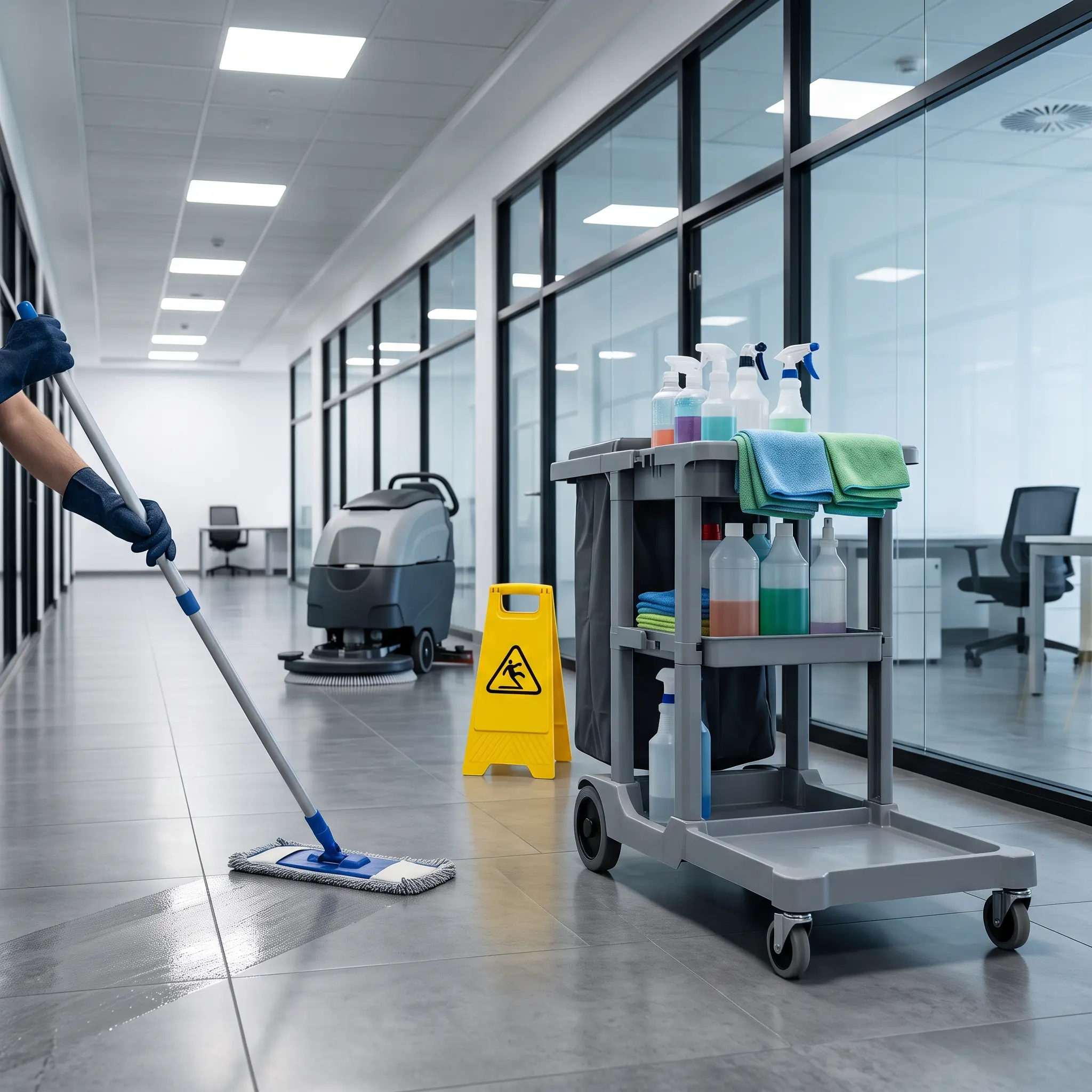 A technician mops a tiled office hallway floor during routine building maintenance services in Temple, TX.