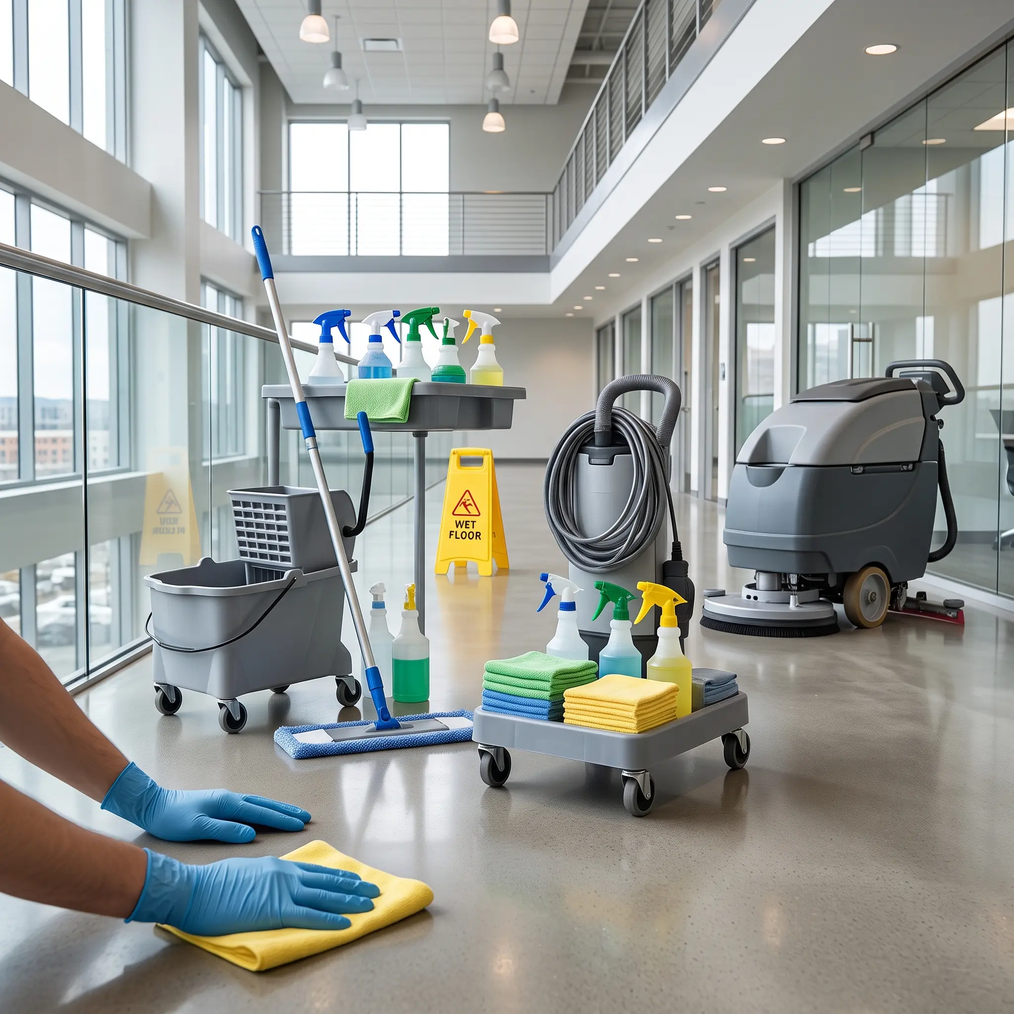 A worker in blue gloves detail-cleans an atrium floor for business sanitation services in Georgetown, TX.