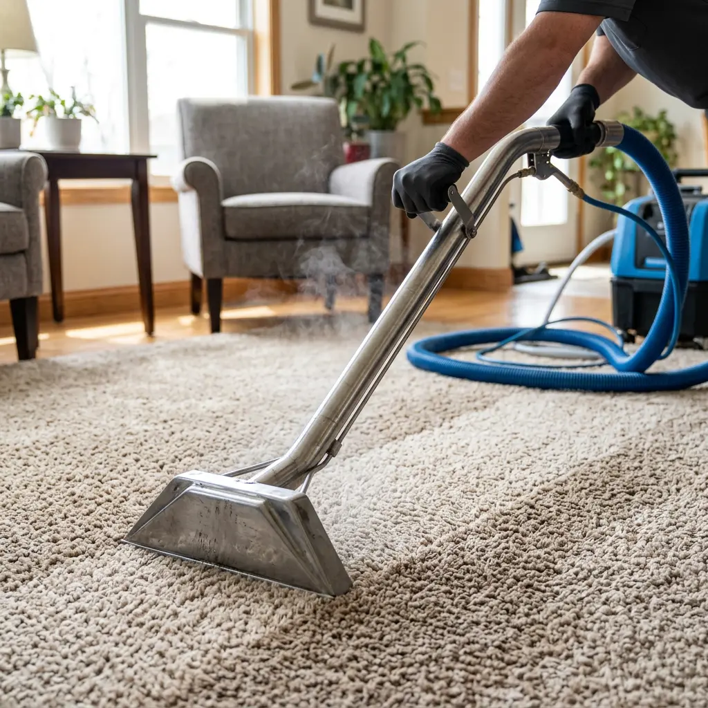 A technician uses a steam extraction wand to clean a plush beige living room carpet in Austin, TX.