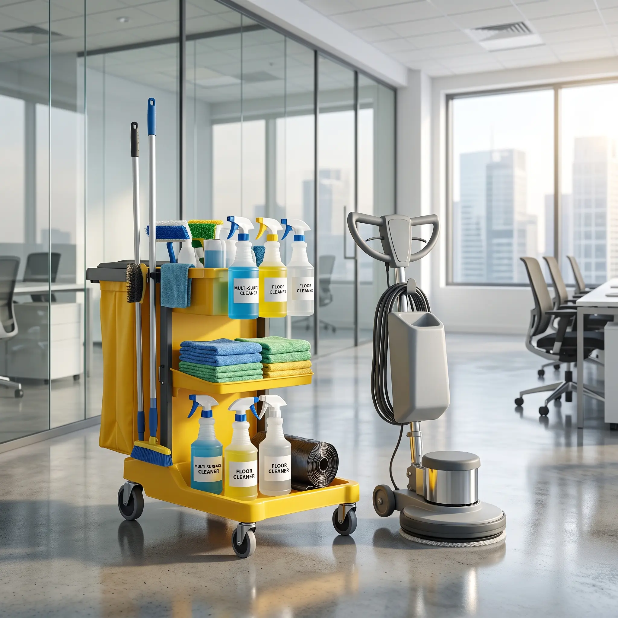 A janitorial cart and floor buffer stand ready in a commercial hallway for commercial cleaning services in Killeen, TX.