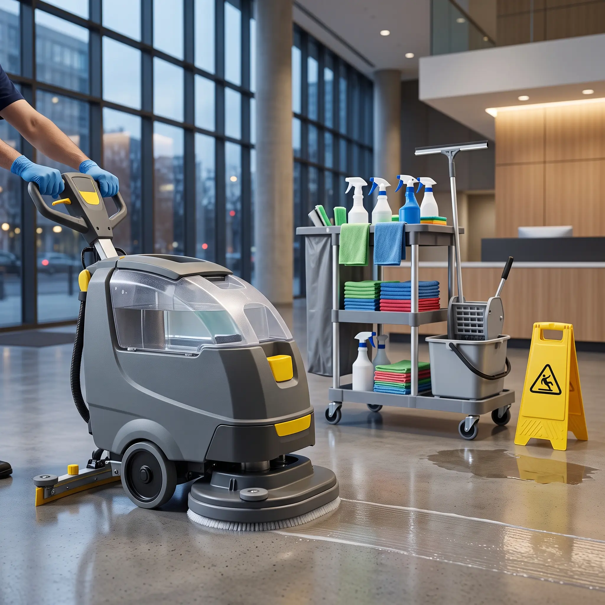 An automatic floor scrubber washes a polished concrete lobby during commercial floor cleaning in Round Rock, TX.