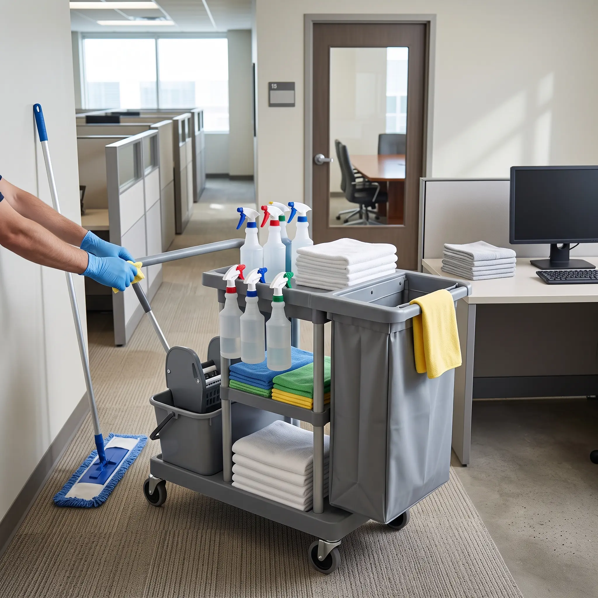 A technician pushes a stocked utility trolley while mopping office carpets for commercial office cleaners in Temple, TX.