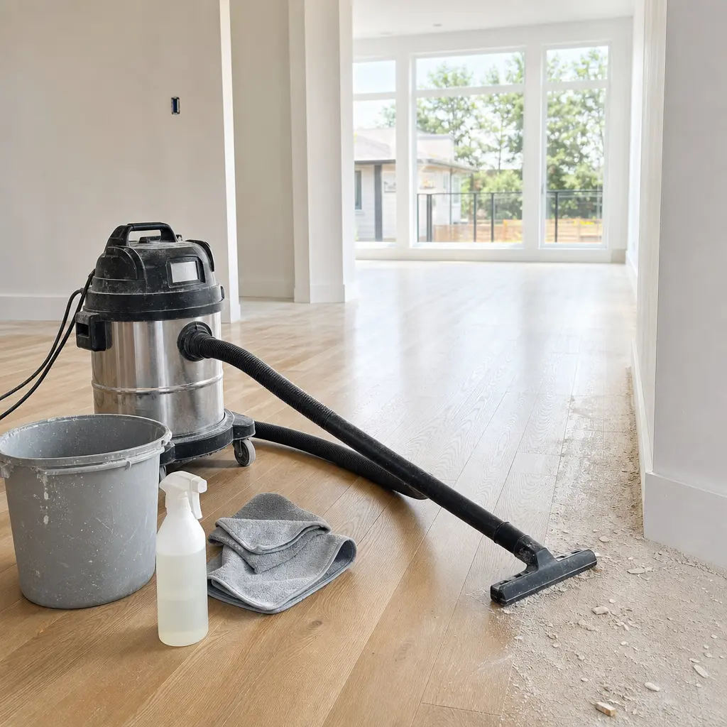 A shop vacuum pulls construction debris off floor baseboards for construction cleanup services in Killeen, TX.