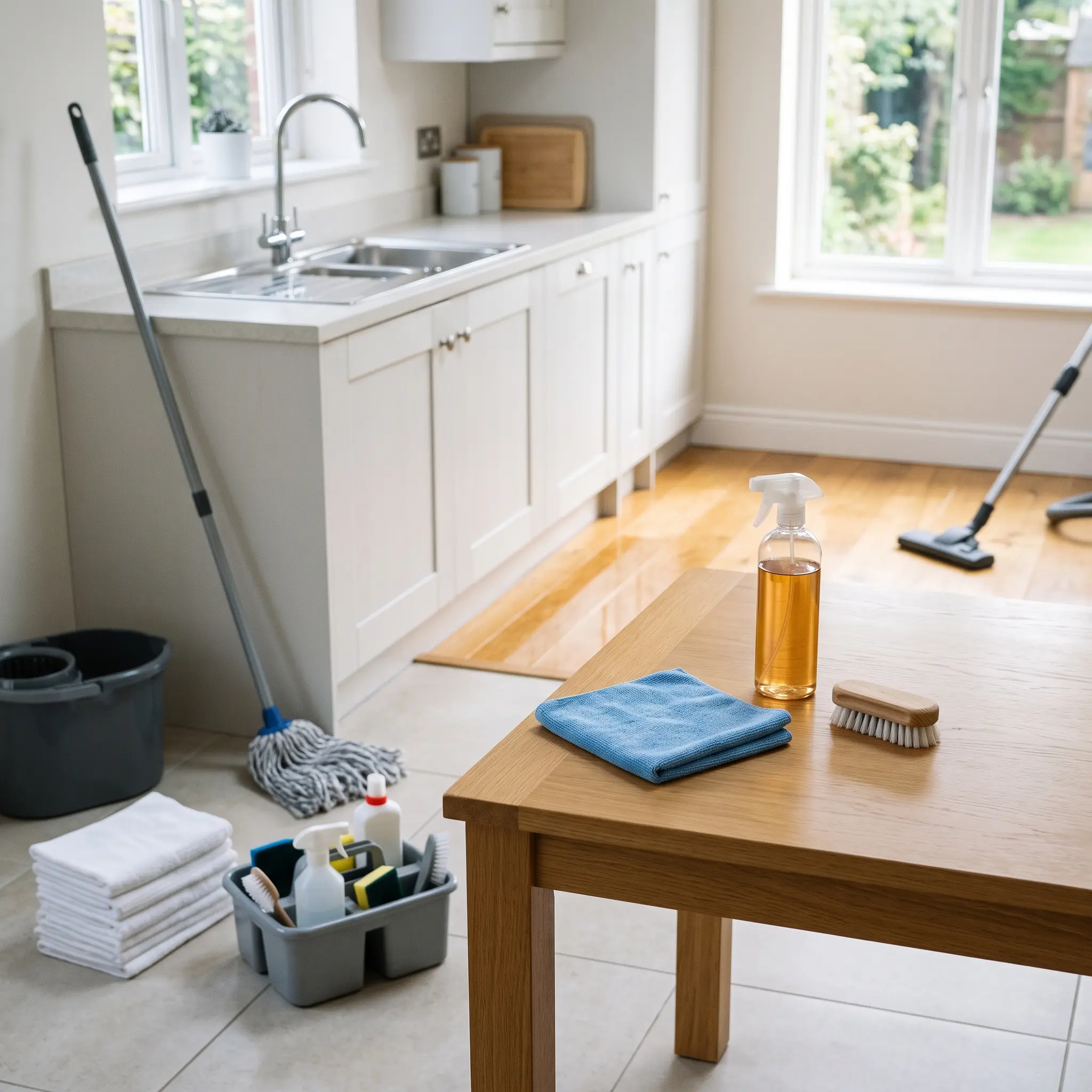 A mop, bucket, and cleaning caddy sit in a clean kitchen prepared for deep cleaning services in Cedar Park, TX.