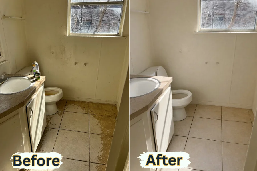 A side-by-side view of a dirty bathroom floor restored to white tile by an expert cleaning company in Fort Cavazos.