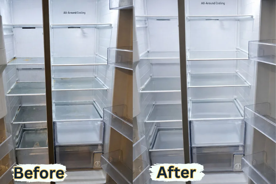 A dirty refrigerator interior cleaned to spotless glass shelves by an expert cleaning company in Georgetown TX.