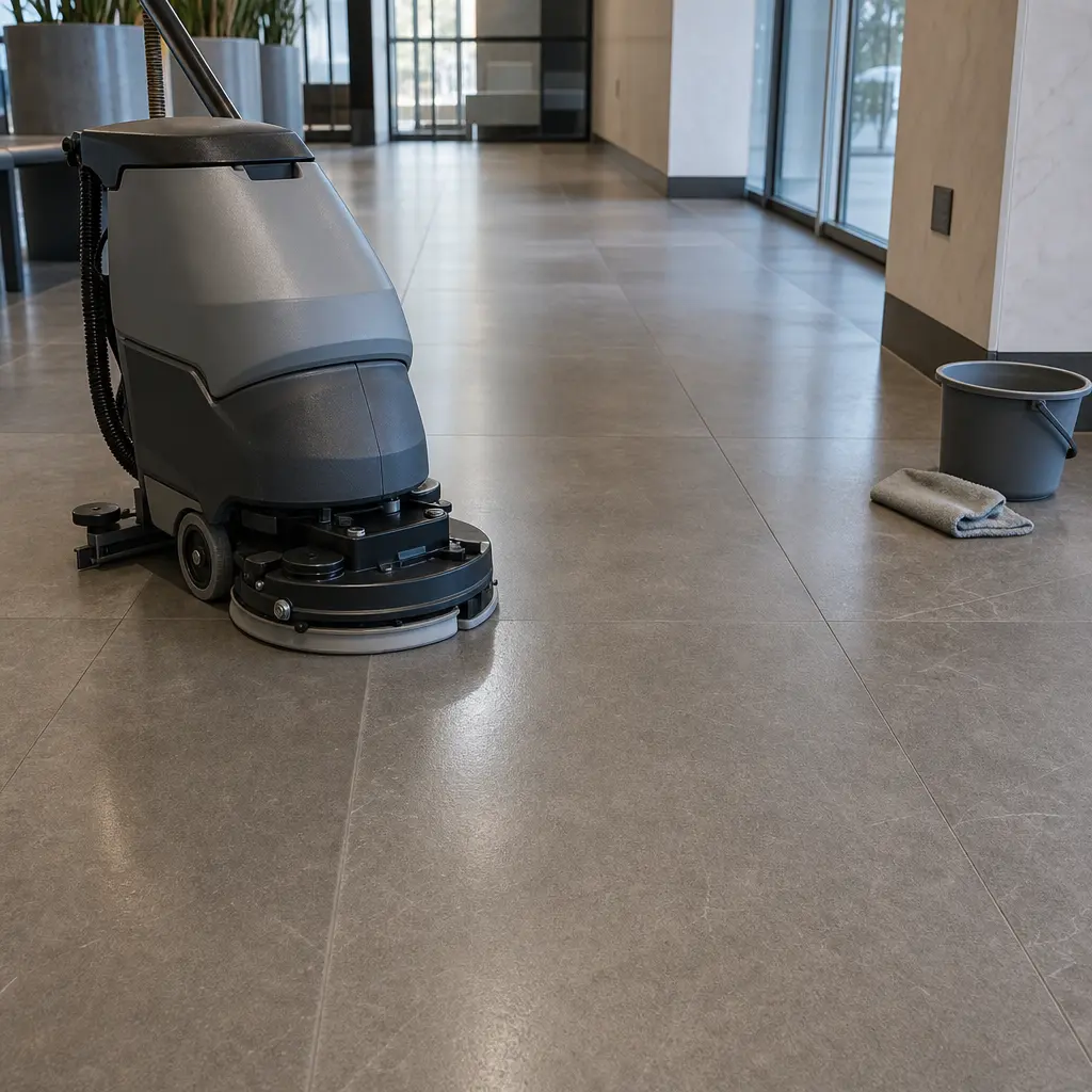 An automatic floor scrubber rests on polished tile flooring for professional floor cleaning services in Austin, TX.