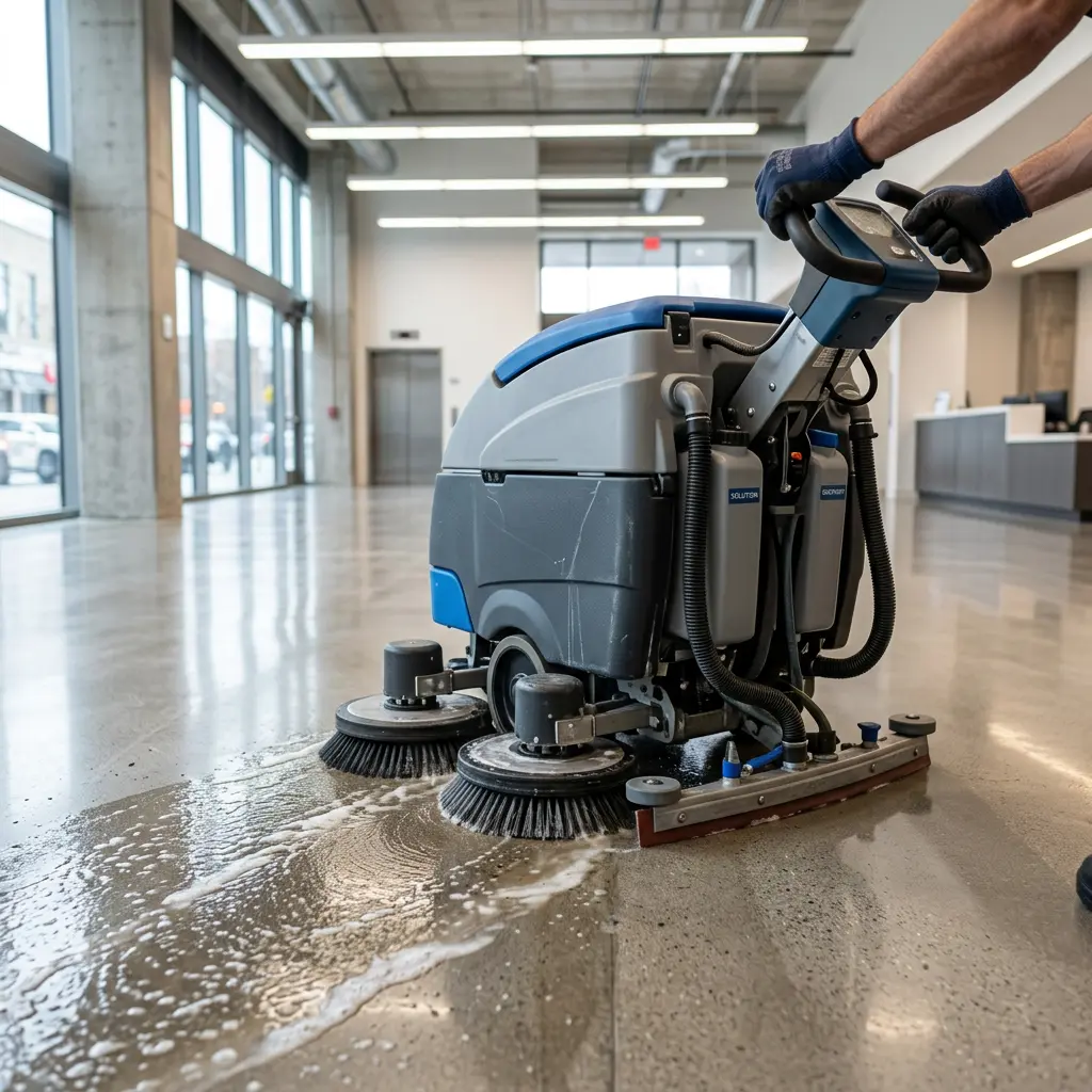 An auto scrubber cleans soapy water off polished concrete during industrial floor cleaning in Round Rock, TX.