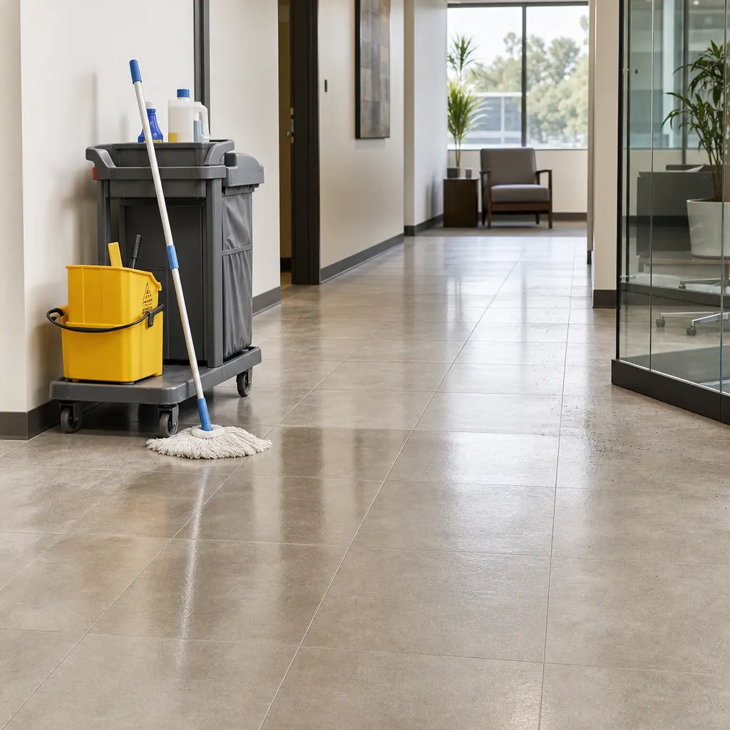 A janitorial supply cart and yellow mop bucket sit in a clean tile office hallway in Austin, TX.