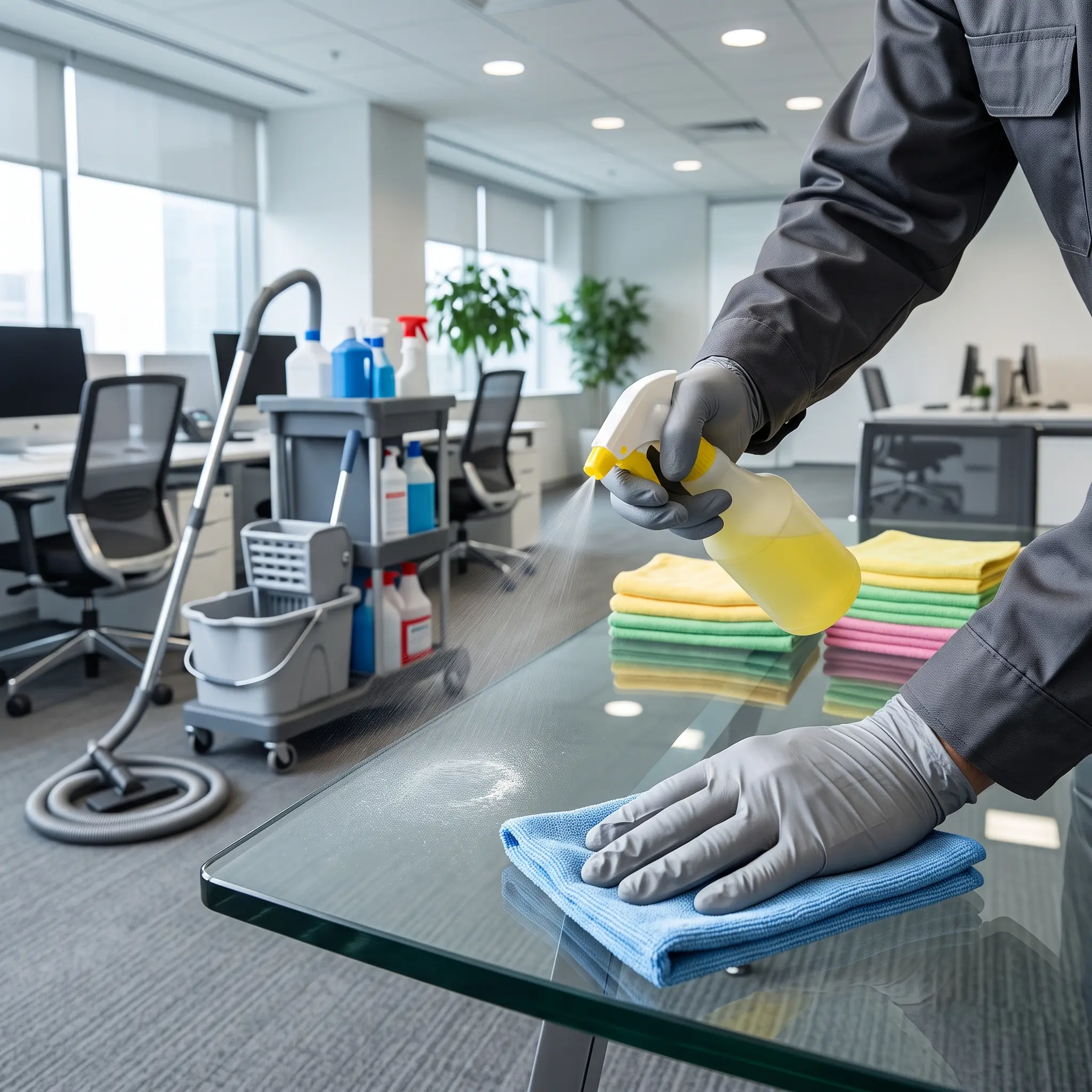 A worker sprays surface cleaner onto a glass table for professional janitorial services in Round Rock, TX.
