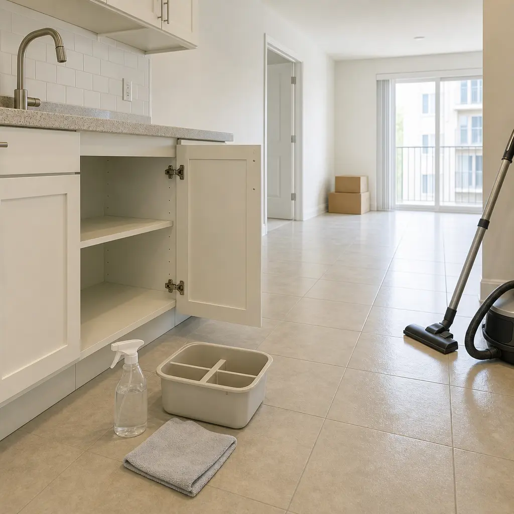 An open kitchen cabinet and vacuum cleaner sit on tile floor for move-in cleaning services in Killeen, TX.