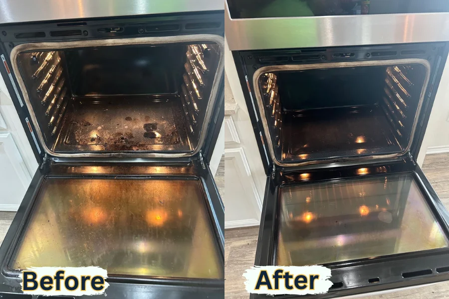 A burnt oven interior transformed to clean glass and racks during move in move out cleaning in Pflugerville.