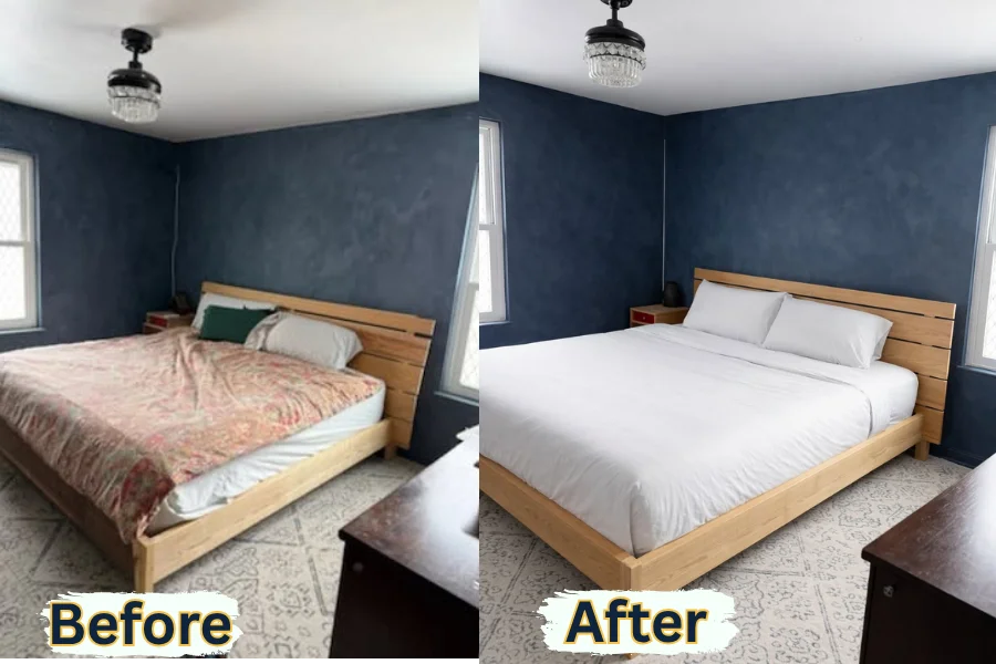 A bedroom view showing messy bedding replaced with crisp white sheets during move in move out cleaning in Temple TX.