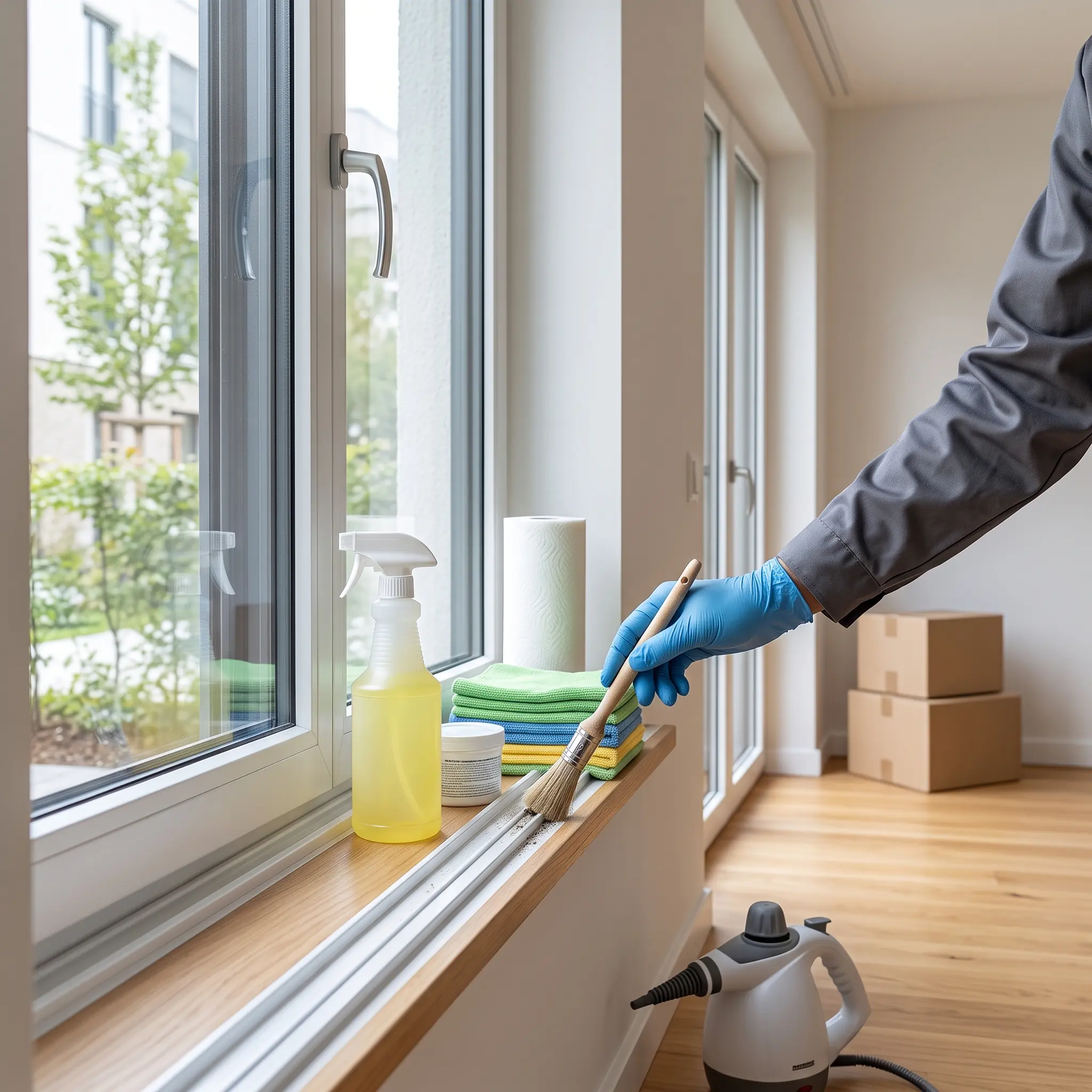 A gloved technician uses a detail brush to clear dirt from window tracks during a move out cleaning in Austin, TX.