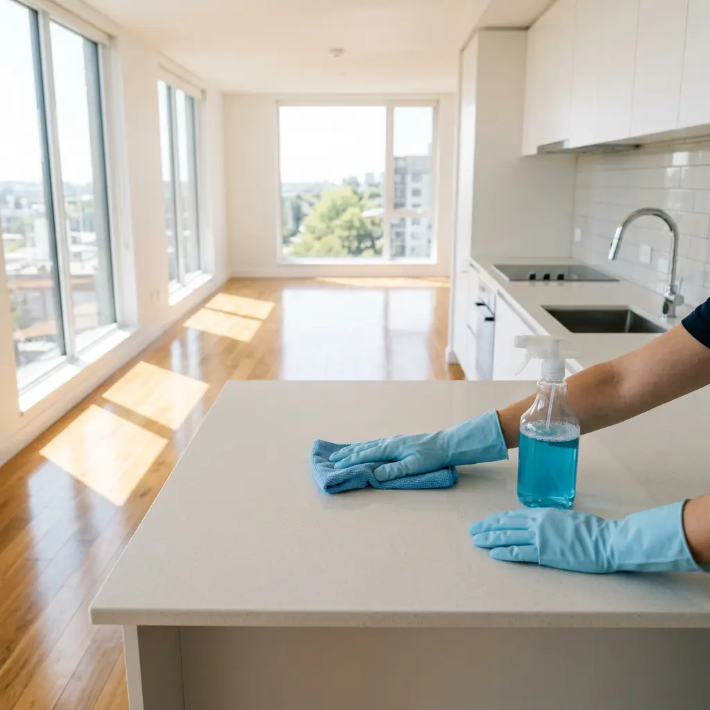 Gloved hands wipe a white kitchen island surface during new home deep cleaning in Georgetown, TX.