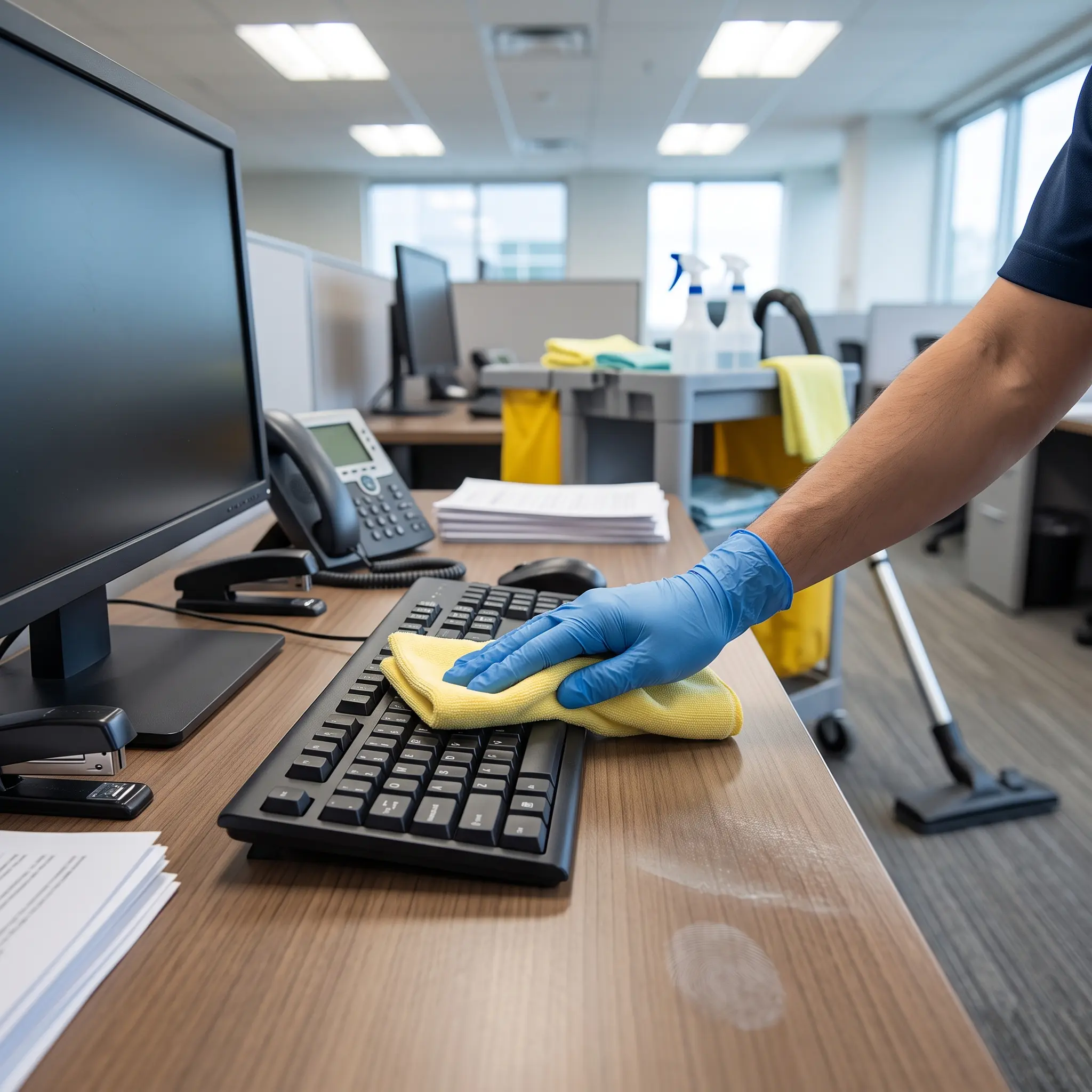 A gloved technician wipes an office keyboard with a microfiber cloth for an office cleaning company in Austin, TX.