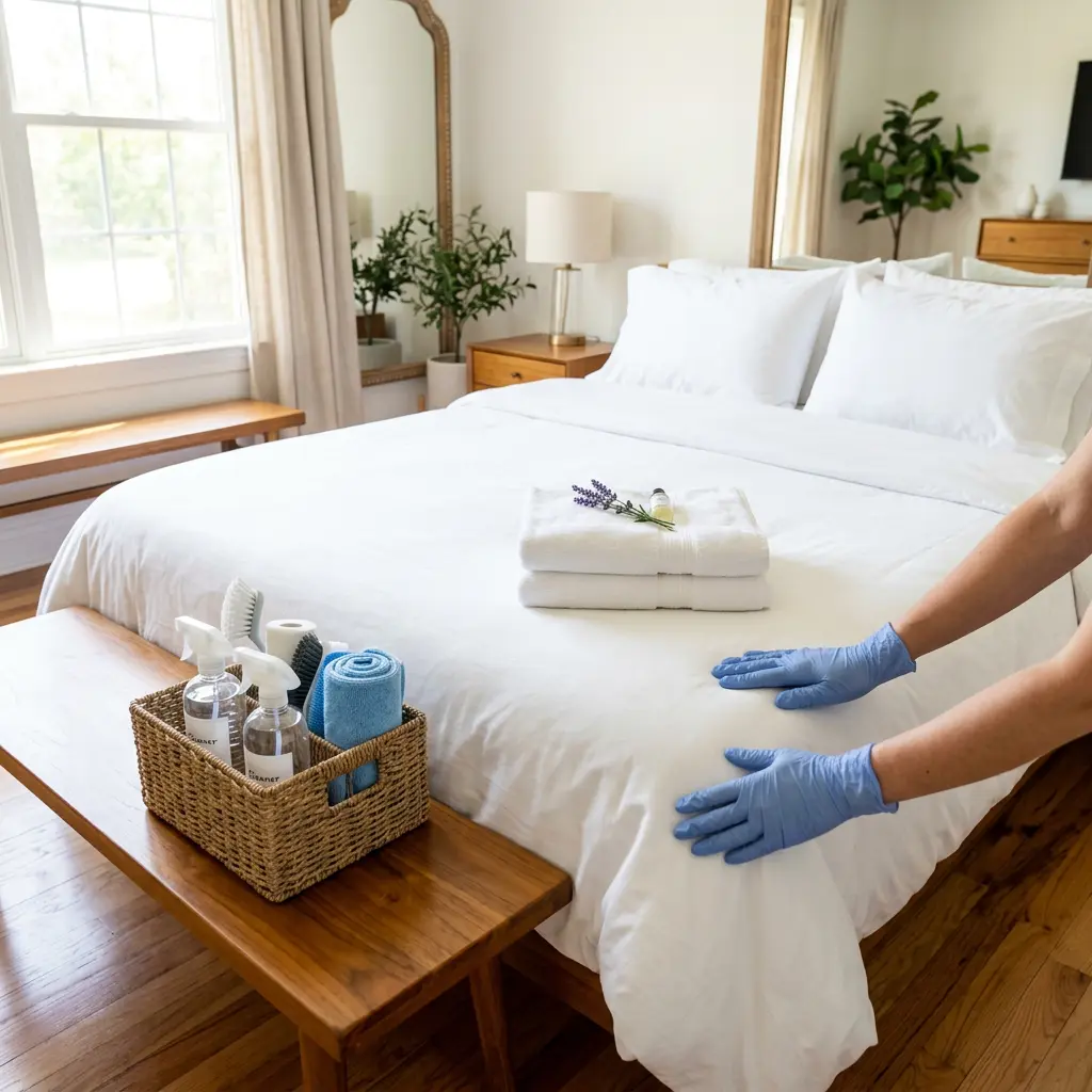 Gloved hands smooth out white sheets on a bed for property turnover cleaners in Temple, TX.