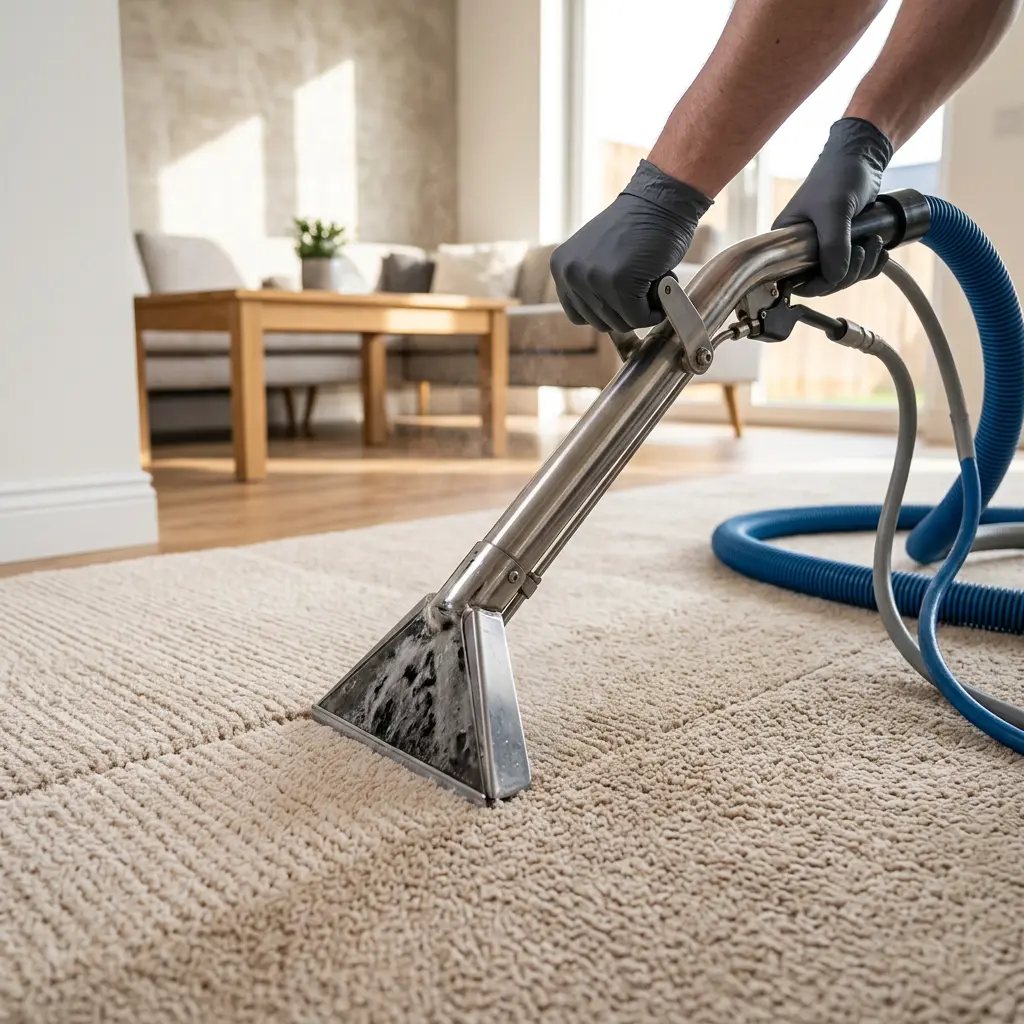 Gloved hands maneuver a steaming wand across textured carpet for residential carpet cleaners in Temple, TX.
