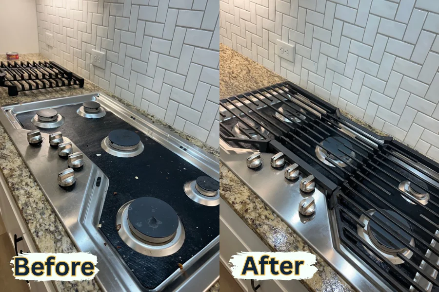 A dirty gas stovetop cleaned to gleaming stainless steel by residential cleaning services in Austin TX.