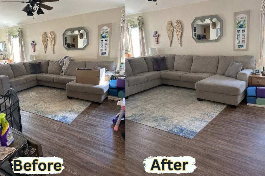 A living room clutter removal and rug vacuuming performed by residential cleaning services in Harker Heights.