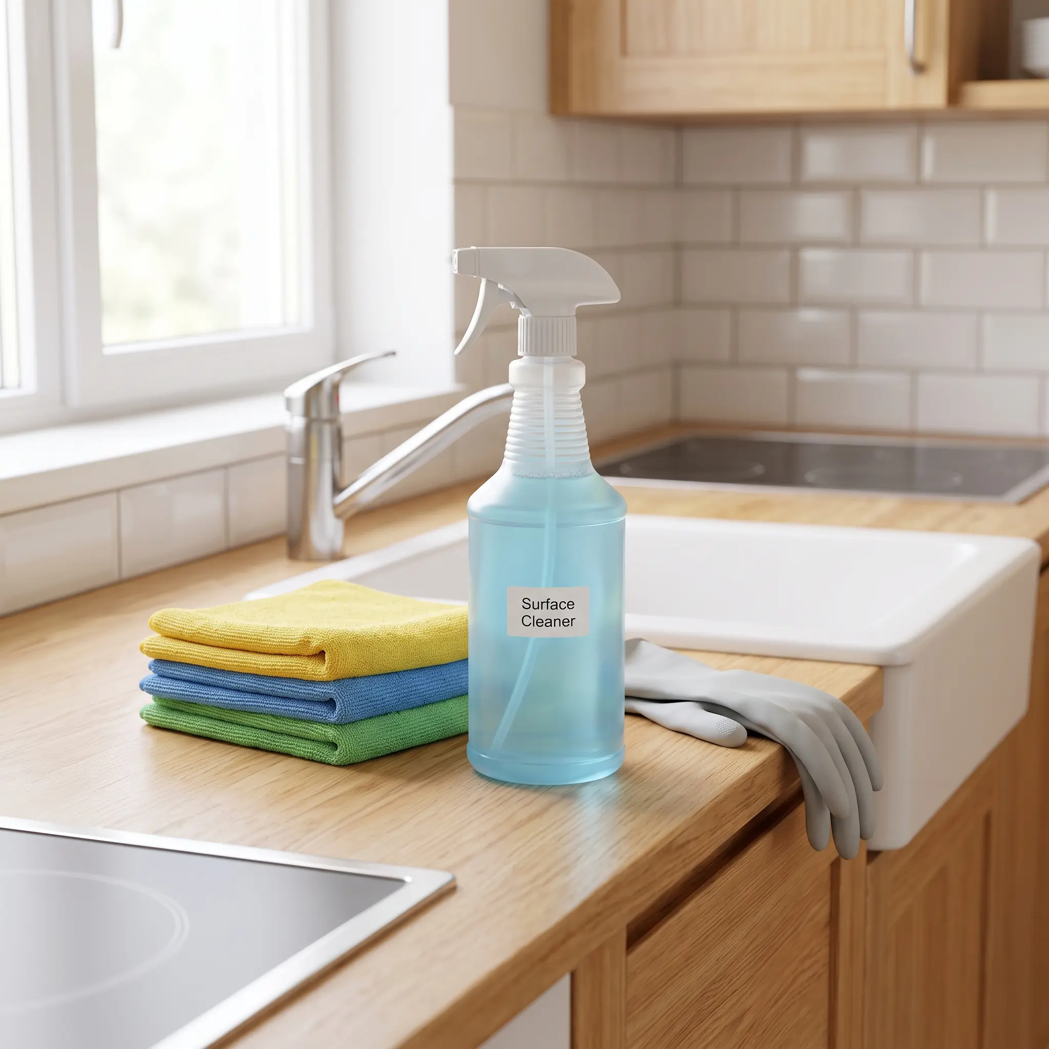 A surface cleaner bottle sits on a kitchen counter near microfiber towels during residential cleaning in Round Rock, TX.