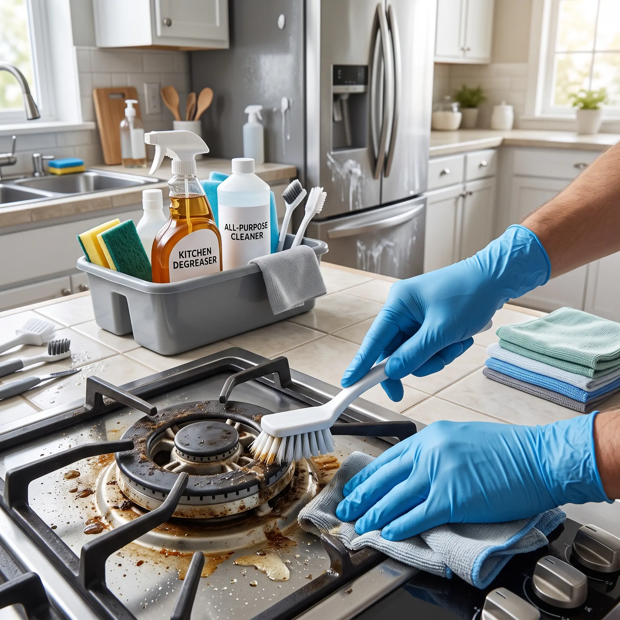 A gloved technician scrubs baked-on grease from a gas stove burner during residential deep cleaning in Cedar Park, TX.