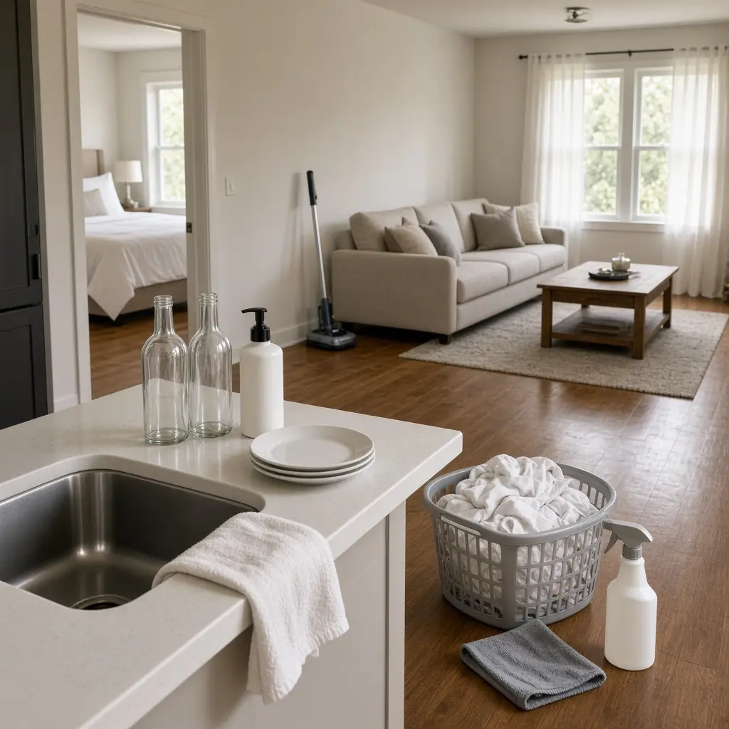 A laundry basket with white towels sits on a wood floor during short term rental cleaning in Round Rock, TX.
