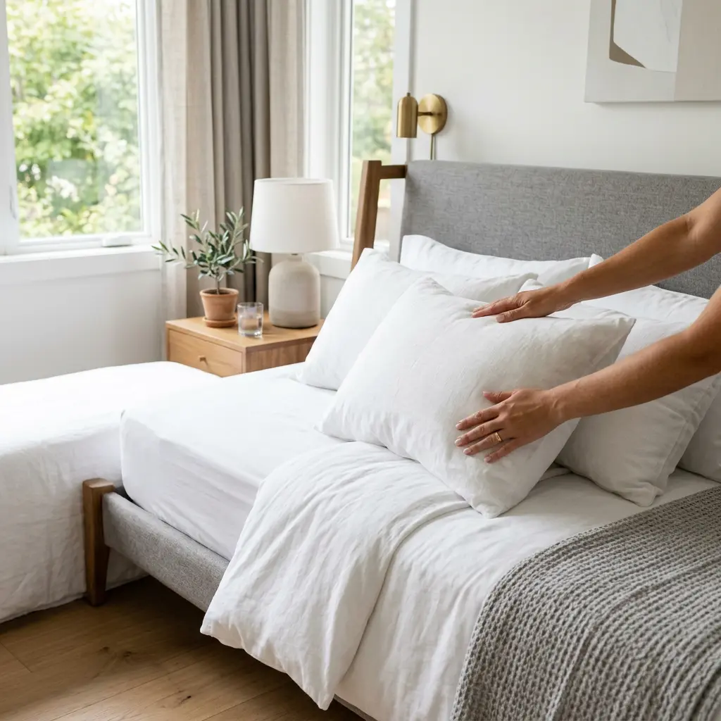 Hands arrange white pillows on a bed during a short term rental turnover in Georgetown, TX.