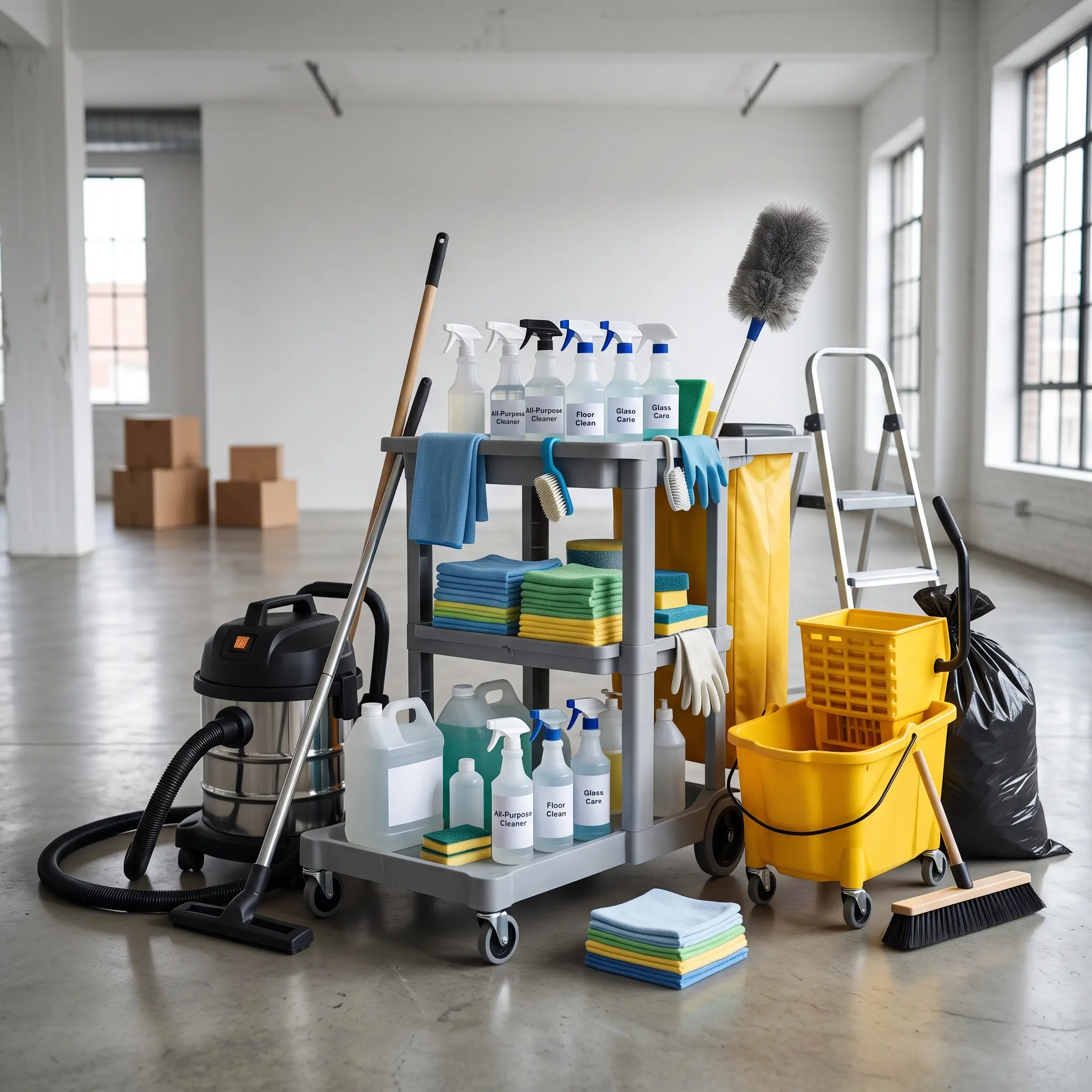 Janitorial equipment and supplies organized in a vacant building for tenant end of lease cleaning in Round Rock, TX.