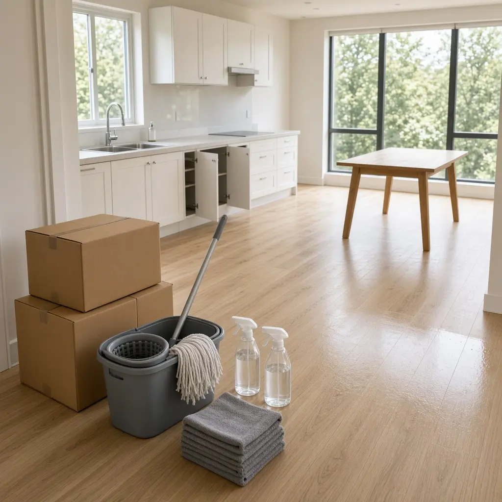 A mop bucket and spray bottles sit near moving boxes during tenant move-in cleaning in Round Rock, TX.
