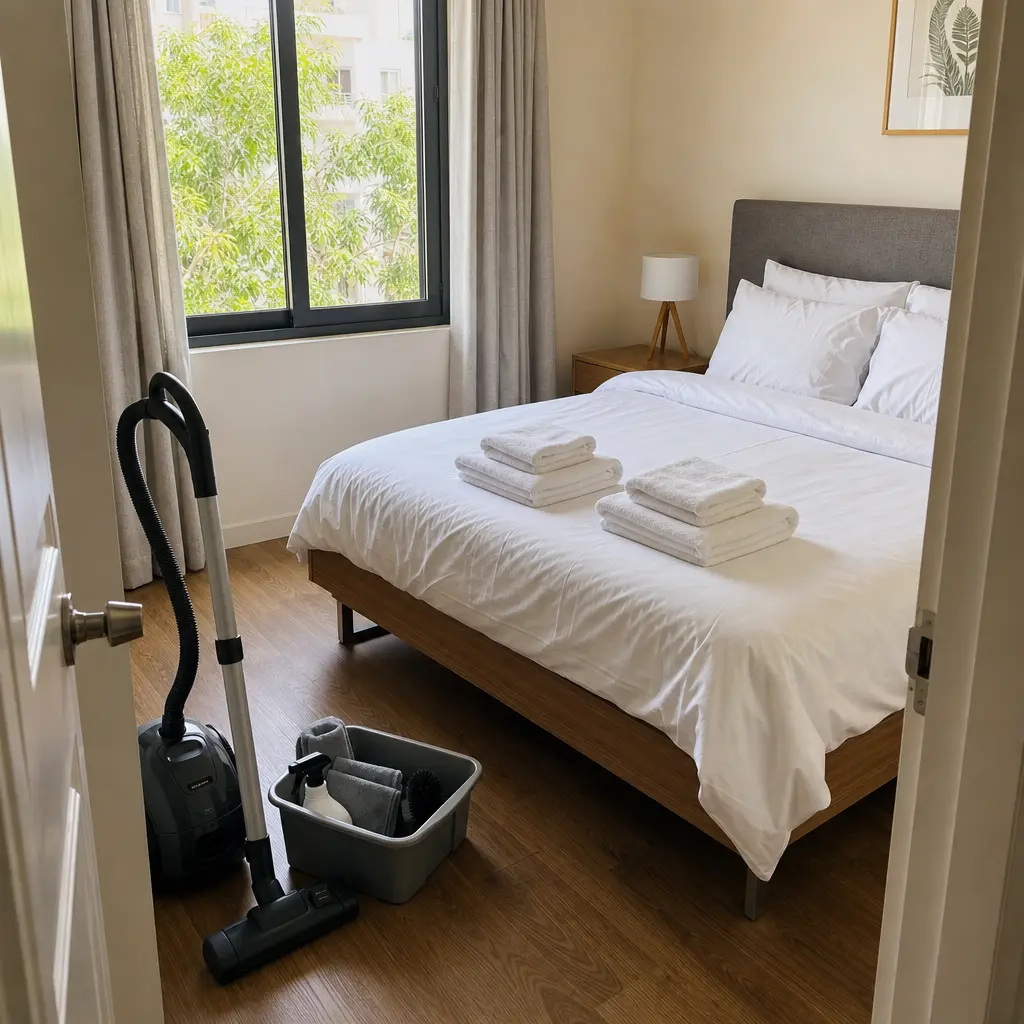 A vacuum cleaner sits in a bedroom with fresh linens prepared for vacation rental cleaning in Killeen, TX.